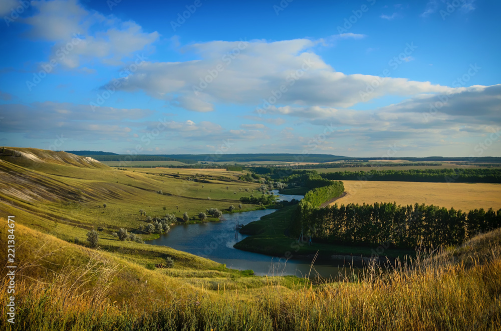 The little river and hills of the Volga region. Russia, Shilovka.