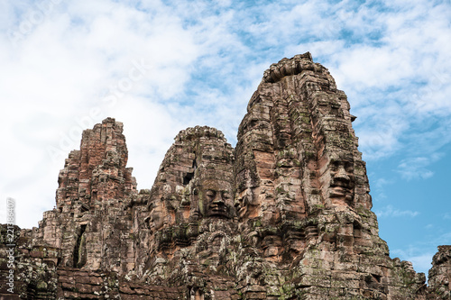 Stone murals and statue Bayon Temple Angkor Thom, Angkor Wat in Siem Reap, Cambodia.