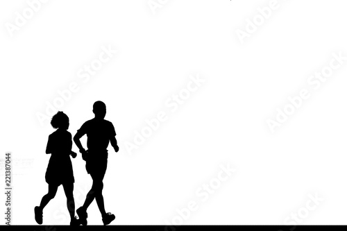 Silhouette lover couple running on white background
