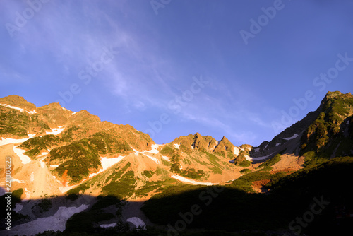 Mountains turn red with morning glow Morgenrot   Hotakadake  Japan Alps  