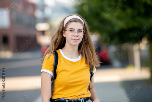 Young girl student with urban background
