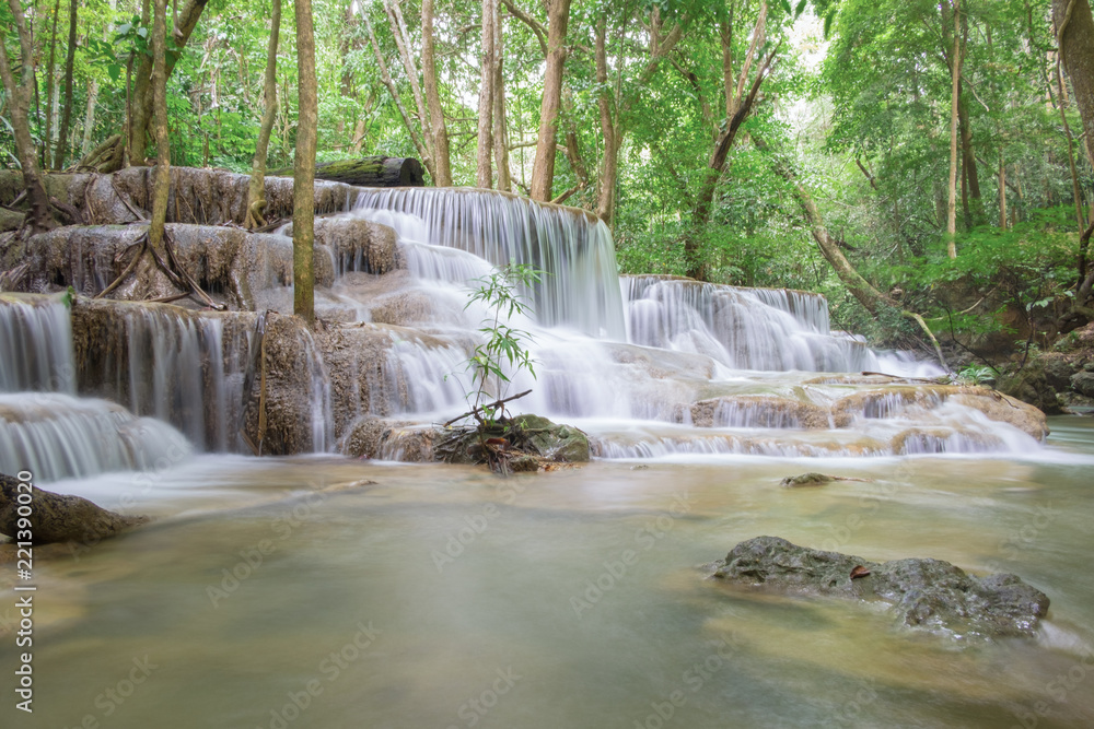 Obraz premium Fifth of Hauy mae khamin waterfall located in deep forest of Kanchanaburi province,Thailand.