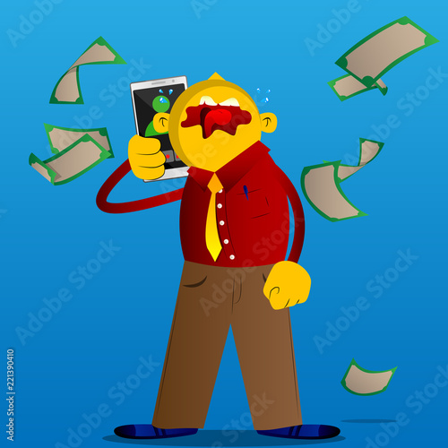 Yellow man talking on cell phone. Vector cartoon illustration.