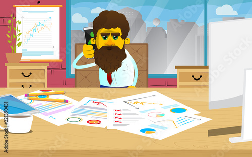 Yellow man talking on cell phone. Vector cartoon illustration.