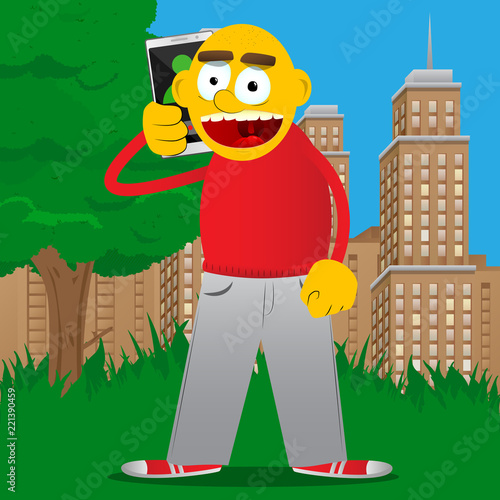 Yellow man talking on cell phone. Vector cartoon illustration.