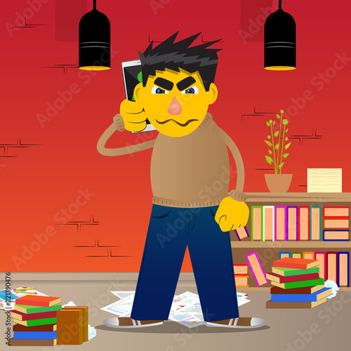 Yellow man talking on cell phone. Vector cartoon illustration.