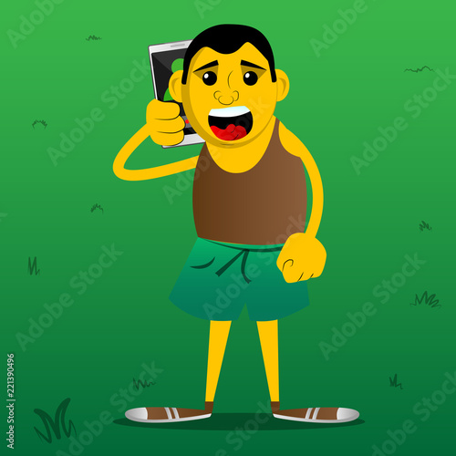 Yellow man talking on cell phone. Vector cartoon illustration.