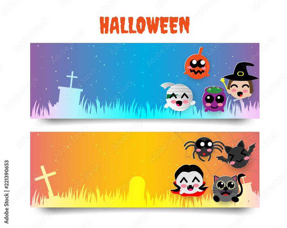 banner halloween cute ,trick or treat with pumpkin, mummy, ghost, zombie,devil,bat,cat
