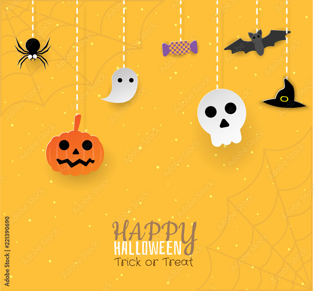 cute happy halloween,trick or treat with pumpkin, skull, ghost, hat, bat,spider,candy
