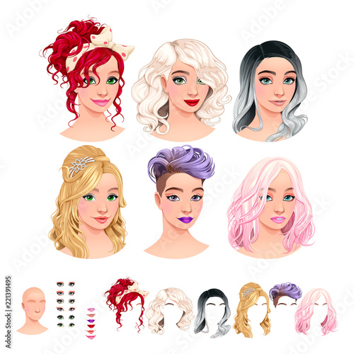 Avatars. 6 hairstyles, 6 make-up, 6 mouths, 1 head