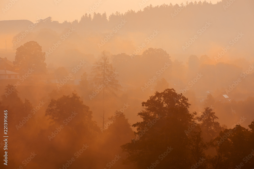 Autumn foggy sunrise landscape