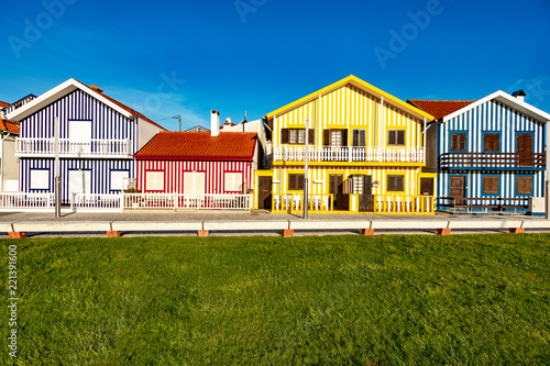 Colorful striped house facades in Portugal