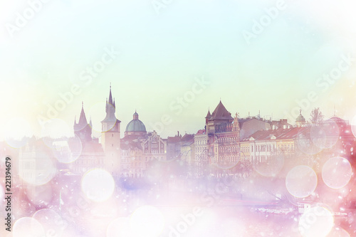 pink Prague background and red roofs / background of the blurred landscape of the czech republic, Prague, panoramic view of the red roofs of Prague