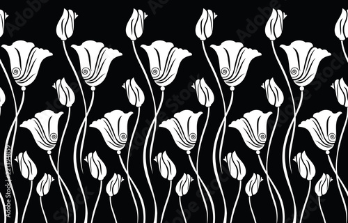 Black and white seamless tulip flower border