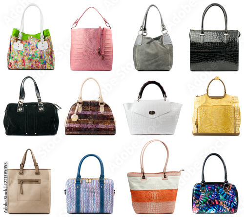 Handbags collection isolated on white background.Front view.
