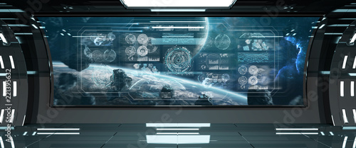 Fototapeta Naklejka Na Ścianę i Meble -  Dark spaceship interior with control panel digital screens 3D rendering