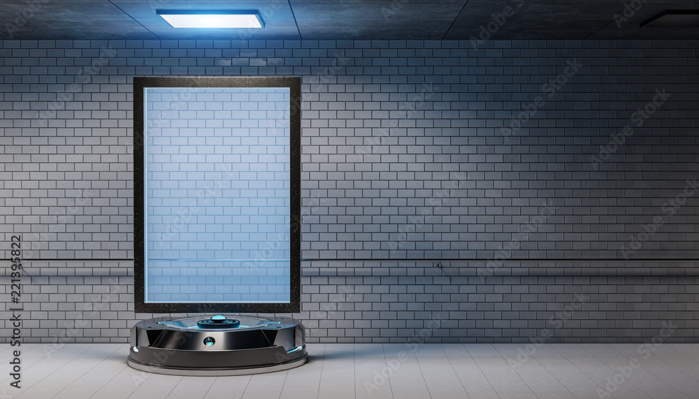 Futuristic billboard in dirty underground tube station mockup 3d rendering Futuristic billboard in dirty underground tube station mockup 3d rendering