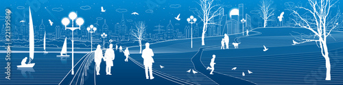 City embankment. People walk along the sidewalk. Evening illuminated park. Kids are playing. Birds are flying. Modern night town on background. Vector design art