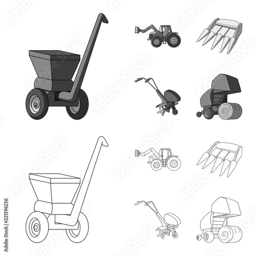 Motoblock and other agricultural devices. Agricultural machinery set collection icons in outline,monochrome style vector symbol stock illustration web.