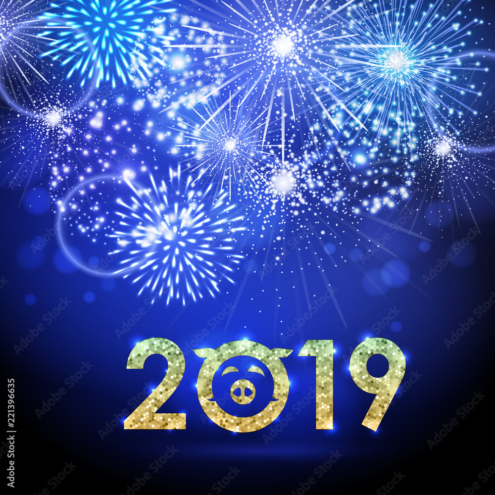 Vector holiday festival blue firework. Happy new year card 2019 Vector holiday festival blue firework. Happy new year card 2019