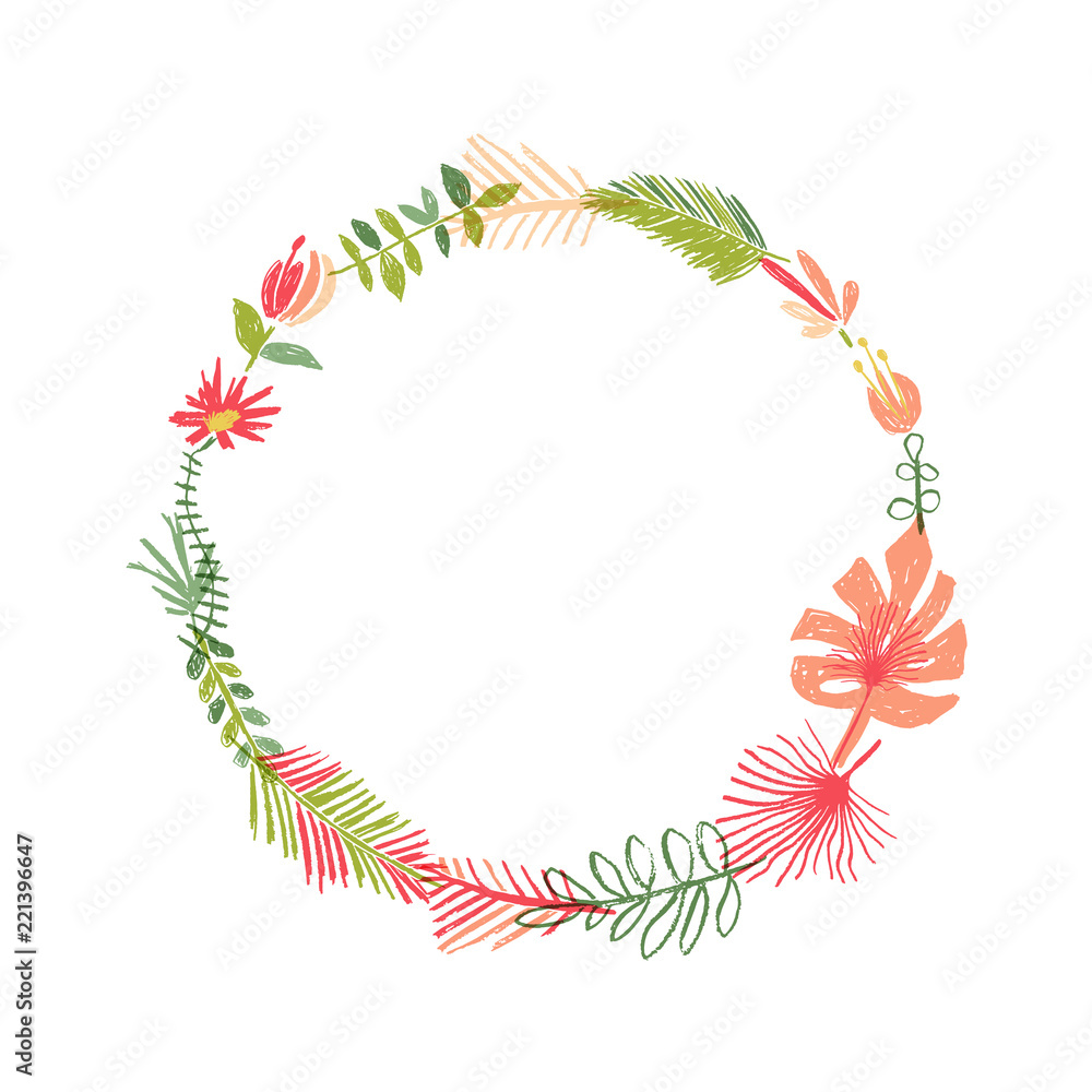 Hand drawn tropical flower composition, tropic wreath. Vector illustration isolated on white background. Floral paradise, exotic plant leaf border