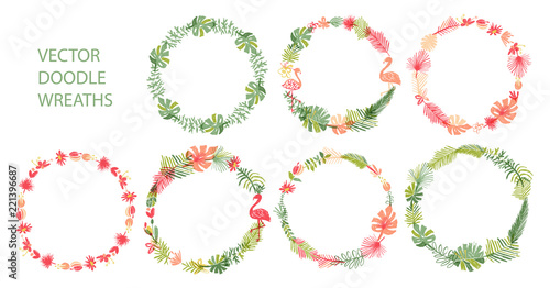 Hand drawn tropical flower collection, botanical circle wreath, doodle style. Vector illustration isolated on white background. Floral jungle paradise, exotic plant leaf border set