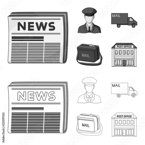 The postman in uniform, mail machine, bag for correspondence, postal office.Mail and postman set collection icons in outline,monochrome style vector symbol stock illustration web.