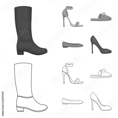 Blue high-heeled sandals, homemade lilac slippers with a pampon, pink women s ballet flats, brown high-heeled shoes. Shoes set collection icons in outline,monochrome style vector symbol stock