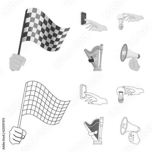 Electric switch button, incandescent lamp and other web icon in outline,monochrome style. harp playing, Megaphone in hand icons in set collection.