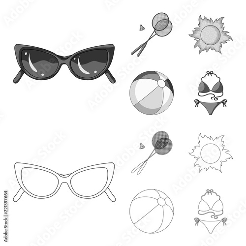 A game of badminton, a ball and the sun.Summer vacation set collection icons in outline,monochrome style vector symbol stock illustration web.