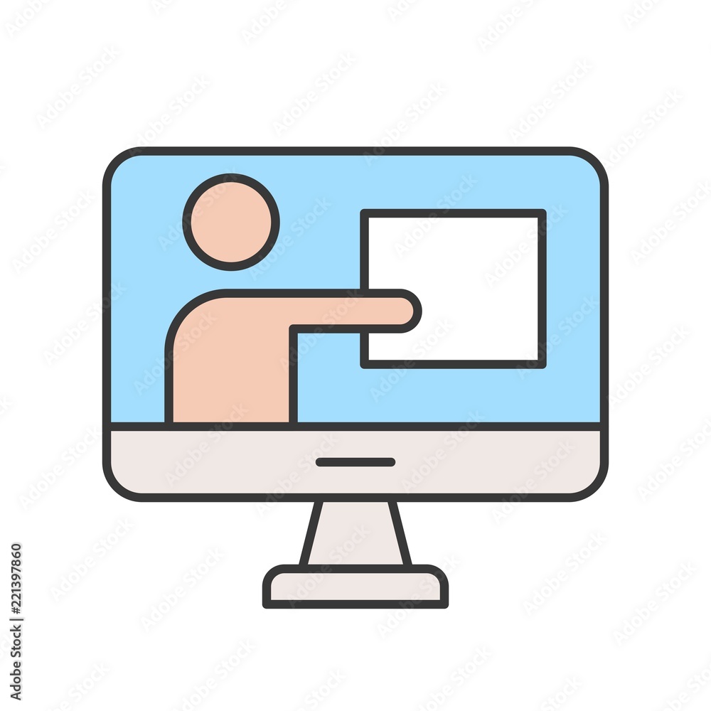 people presentation data on computer screen, webinar concept, editable stroke outline icon people presentation data on computer screen, webinar concept, editable stroke outline icon