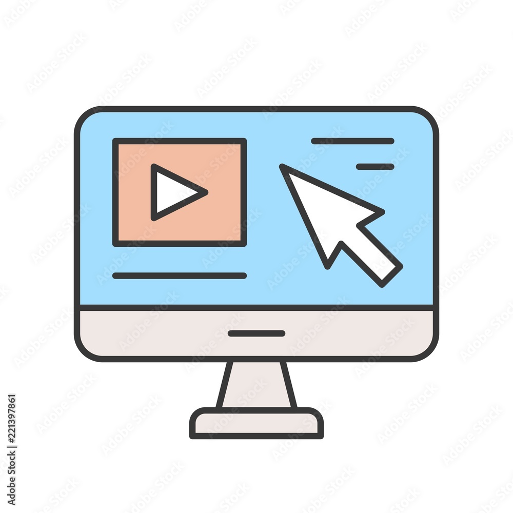 arrow cursor and video clip on computer desktop screen, landing page concept, editable stroke outline icon arrow cursor and video clip on computer desktop screen, landing page concept, editable stroke outline icon
