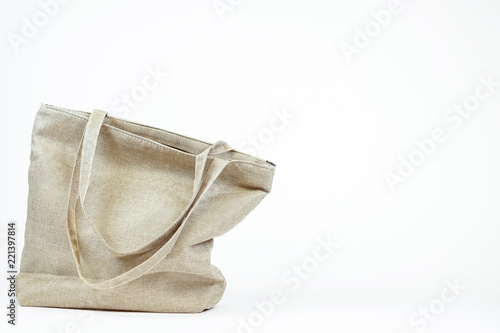Organic eco shopping bag. Canvas tote bag. White background. Blank copy space for text.