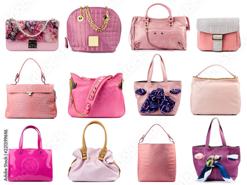 Pink female handbags collection isolated on white background.Front view.
