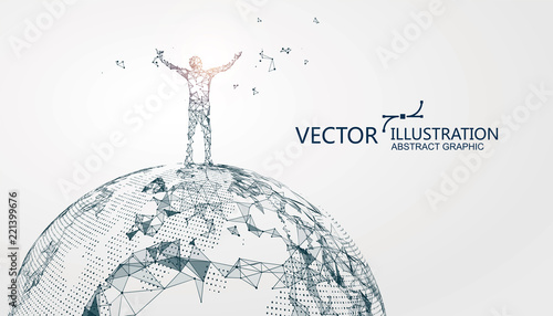 The man with open arms stands on the earth, conceptual graphic design.