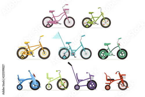 Various type of kids bikes set, colorful bicycles with different frame types vector Illustrations