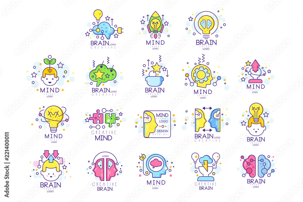 Mind energy original logo design set, creation and idea elements colorful vector Illustrations