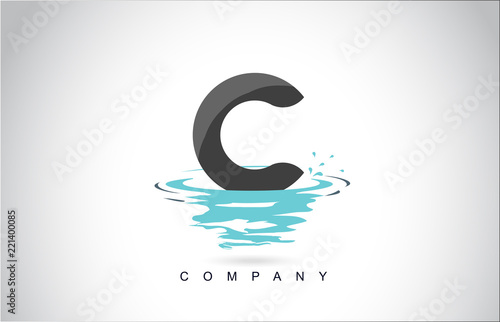 C Letter Logo Design with Water Splash Ripples Drops Reflection