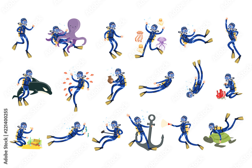 Φωτογραφία Diving and snorkeling set, diver in underwater swimming in mask snorkel and fins