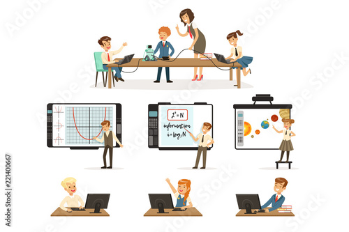 School children at the informatics and programming lesson set, kids working on computers, learning robotics and programming vector Illustrations