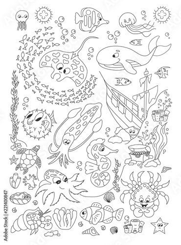 Coloring hand drawn page with cute sea animals vector © Kirill