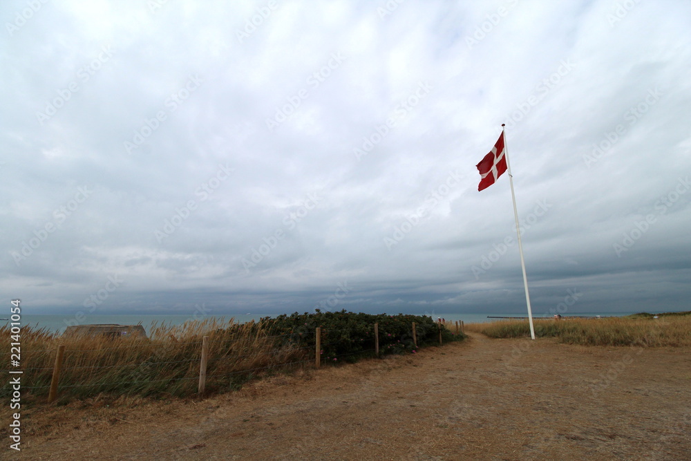 Fototapeta premium Danish flag and grey sky