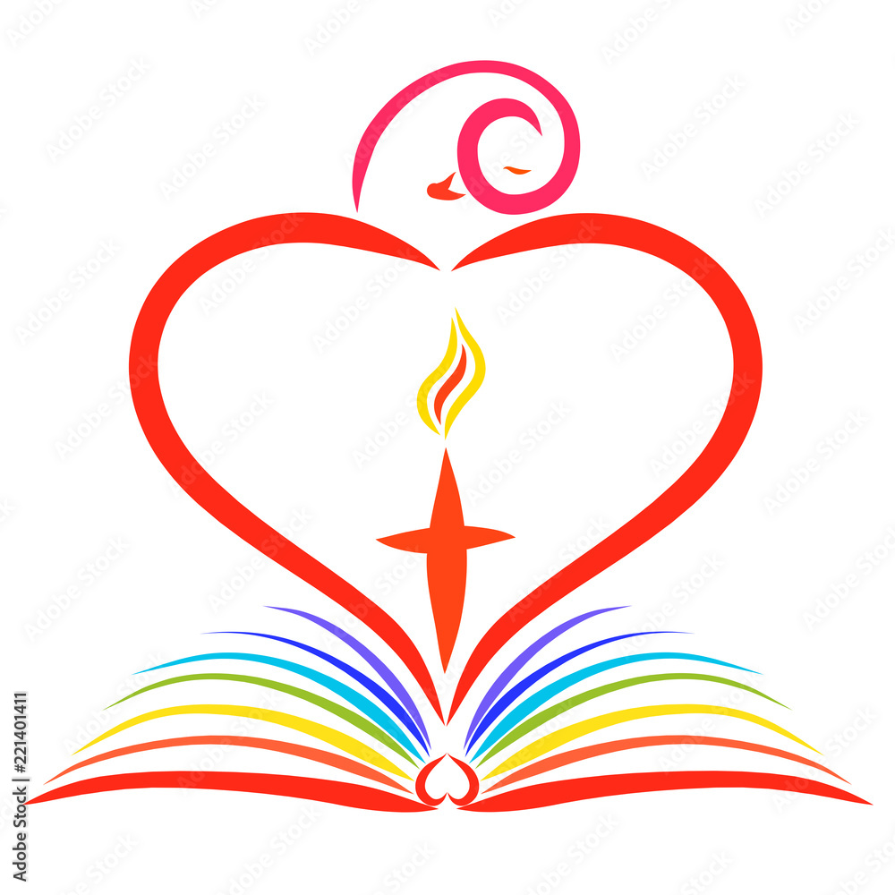 Bird forming heart and cross with flame above an open book