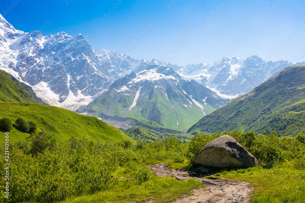 stone on path and view to mountain with snow peak in summer stone on path and view to mountain with snow peak in summer