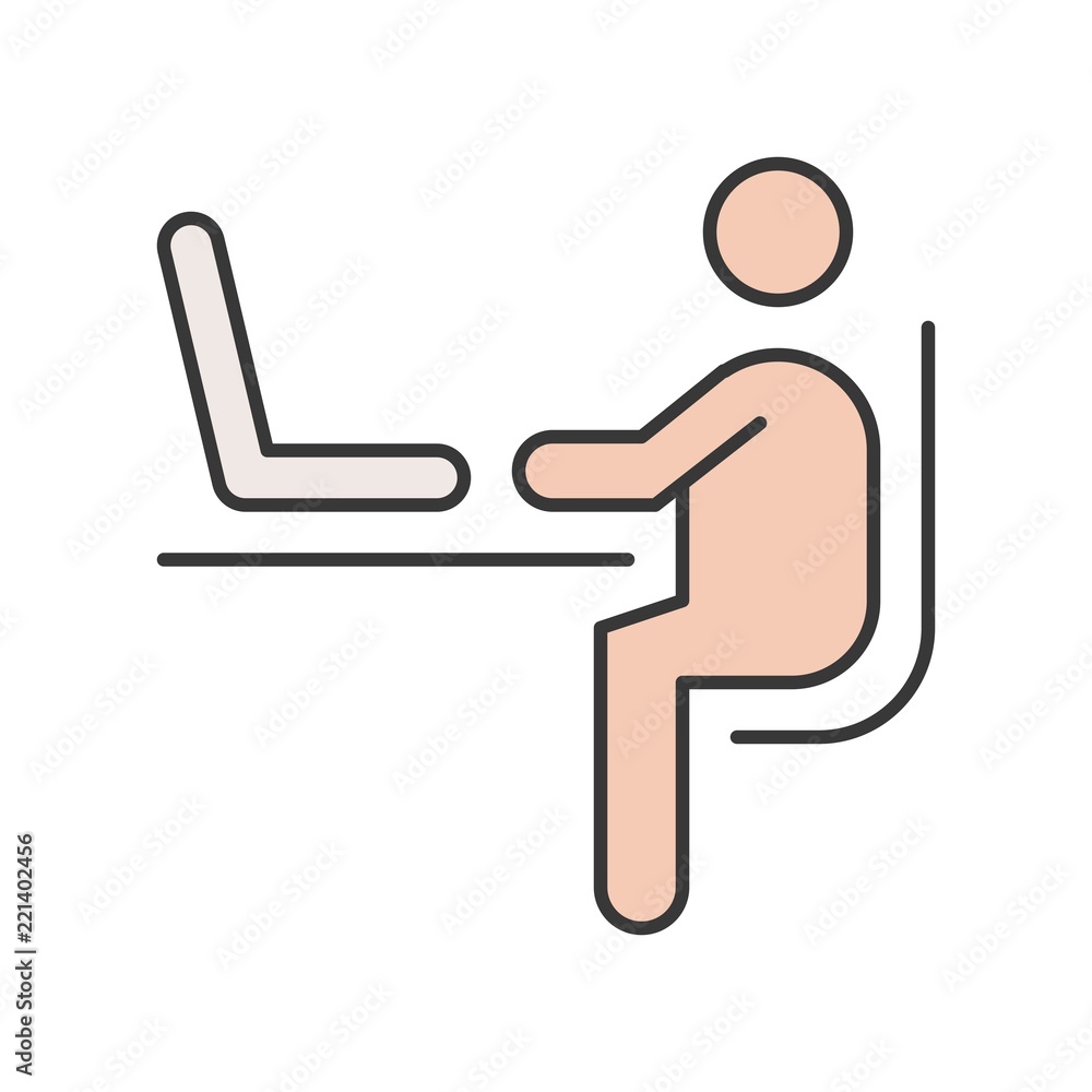 human sitting on chair and using laptop on table, editable stroke outline icon human sitting on chair and using laptop on table, editable stroke outline icon