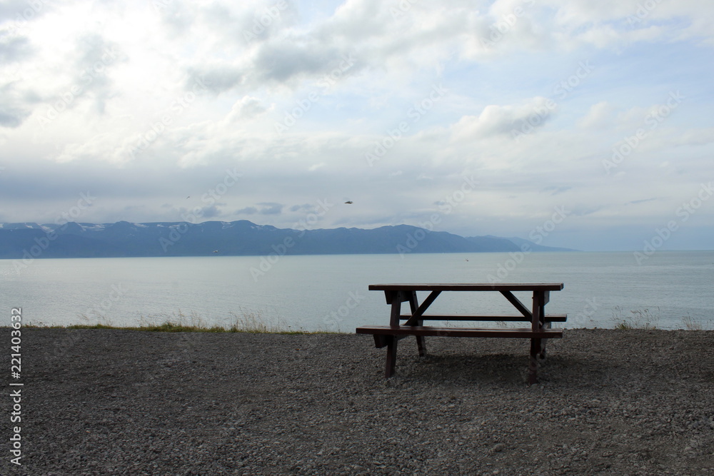 Pic nic bench overlooking icelandic landscape Pic nic bench overlooking icelandic landscape