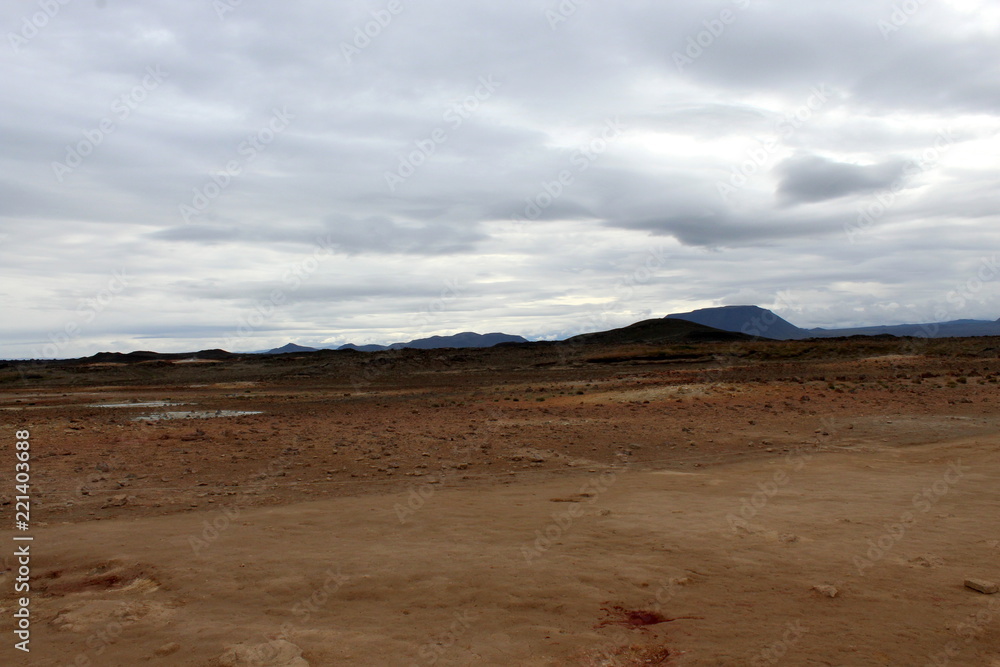 Krýsuvík Geothermic area in Iceland: brown soil, volcanic fumaroles 