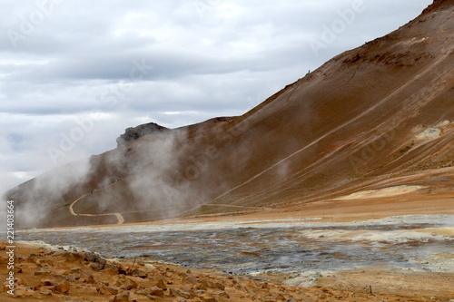 Krýsuvík Geothermic area in Iceland: brown soil, volcanic fumaroles 