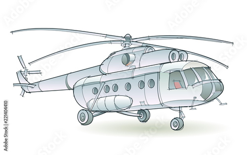 Fantasy illustration of passenger helicopter on white background. Model of multi-functional aircraft transport widespread using. Hand-drawn vector image.
