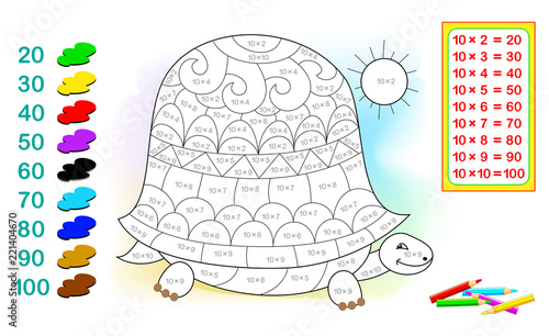 Worksheet with exercises for children with multiplication by ten. Need to solve examples and paint the turtle in relevant colors. Vector cartoon image.